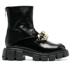 LOVE MOSCHINO CHAIN-EMBELLISHED LEATHER BOOTS
